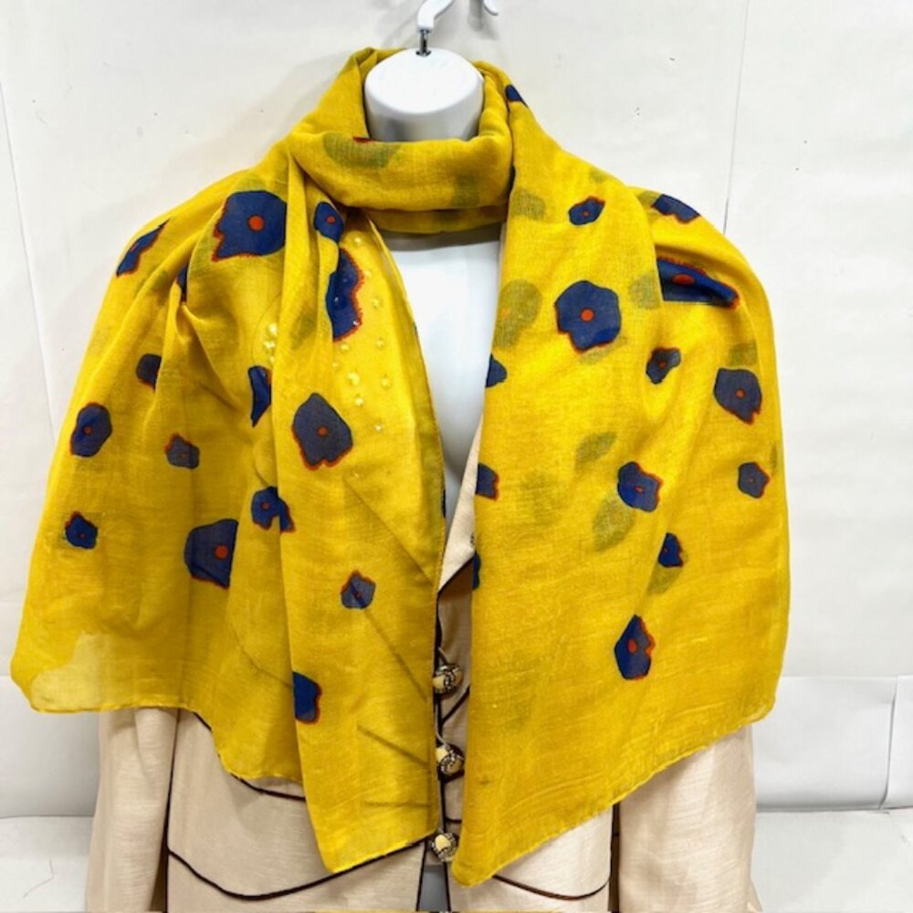 Jennifer, Scarf/wrap 72"x34"  soft cotton mixed, yellow blue dot printed (45) - Picture 2 of 7